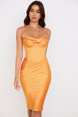 tangerine satin corset midi dress