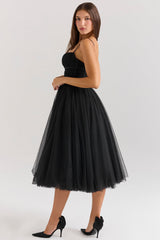 black tulle ruched bodice midi dress - sale