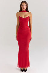 Holly Red Mesh Maxi Skirt With Fluted Hem