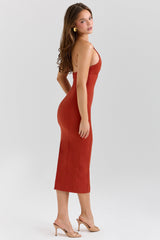 terracotta stretch cotton fitted midi dress