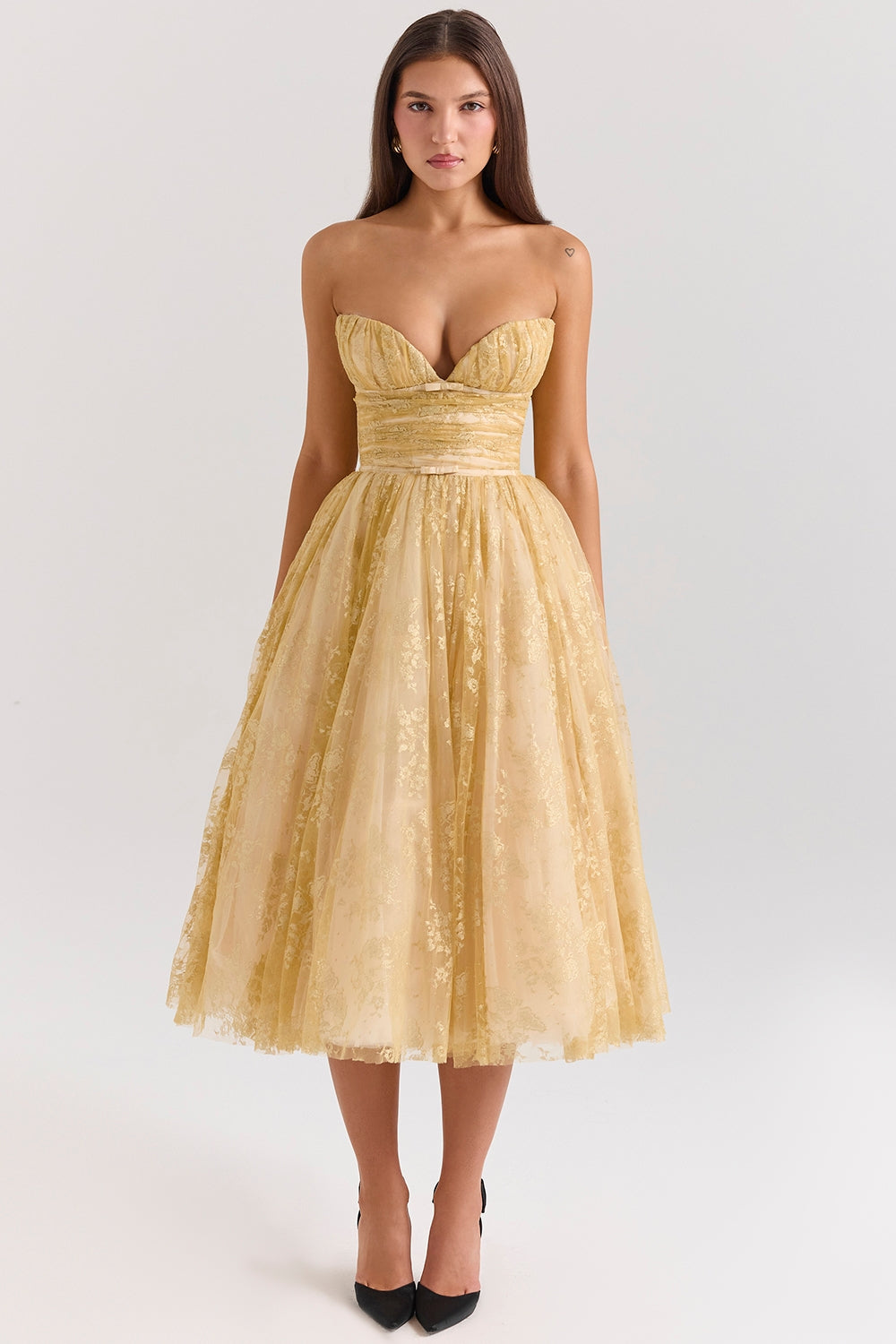 gold metallic lace tulle midi gown