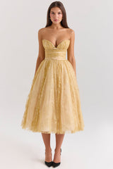 gold metallic lace tulle midi gown