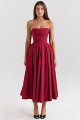 berry strapless detachable bow midi dress