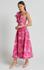 Alfreda Midi Dress One Shoulder Ruffle Detail Brailey Jacquard Dress in Pink