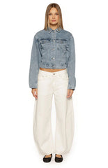 Elana Mid Wash Cinched Waist Denim Jacket