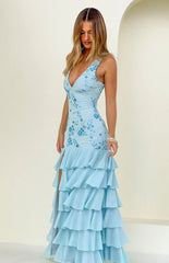 Eleanor Blue Sequin Ruffle Hem Maxi Dress
