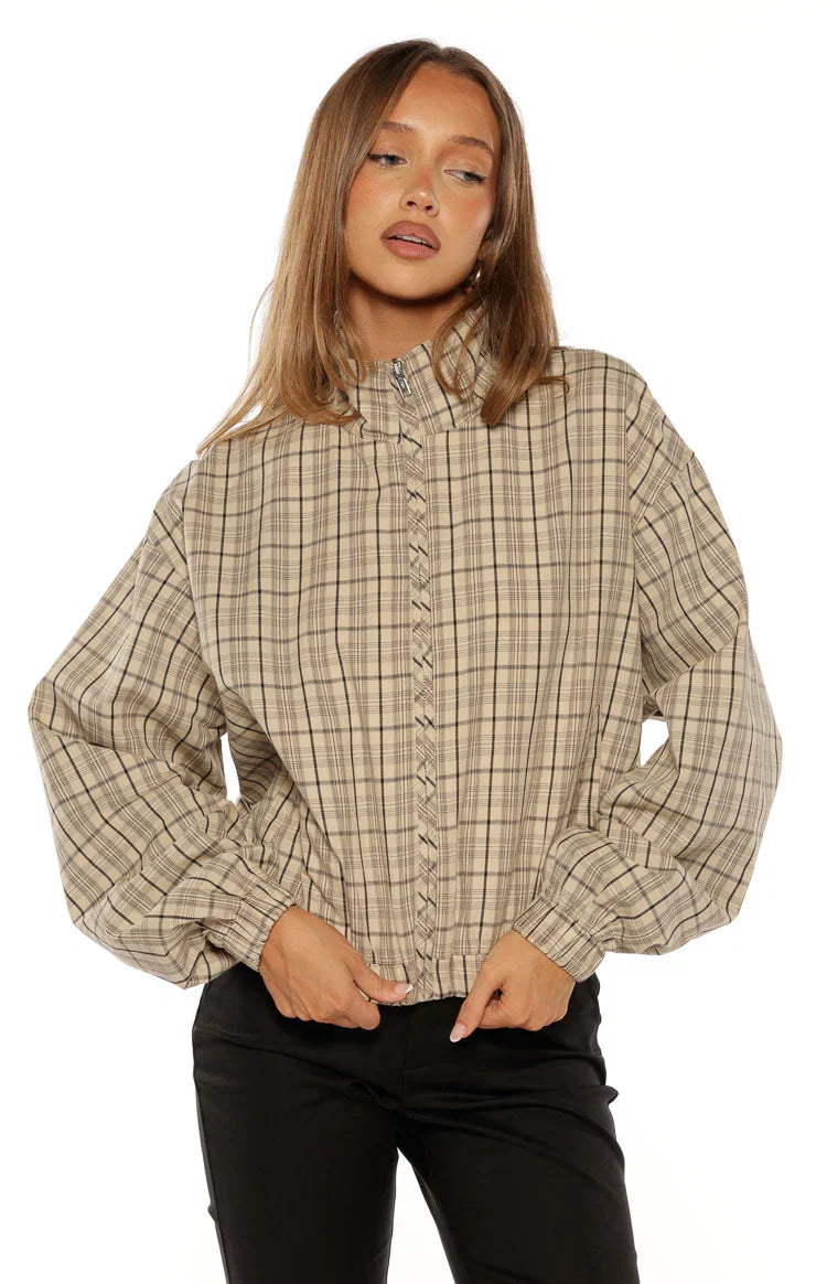Lee Beige Plaid Funnel Neck Jacket - PRE ORDER