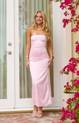Pink Bloom Satin Strapless Maxi Dress