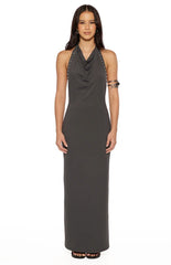 Tsuki Grey Stud Detail Cowl Neck Maxi Dress