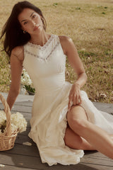 white cotton lace trim waist cinch midi dress