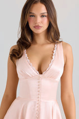 pink satin asymmetric handkerchief hem midi dress