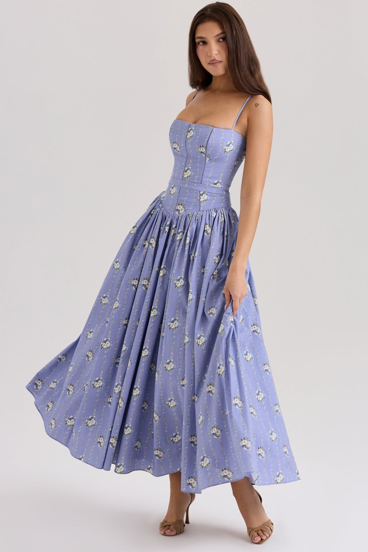 blue daisy print stretch cotton midi sundress