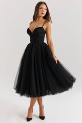 black tulle ruched bodice midi dress - sale