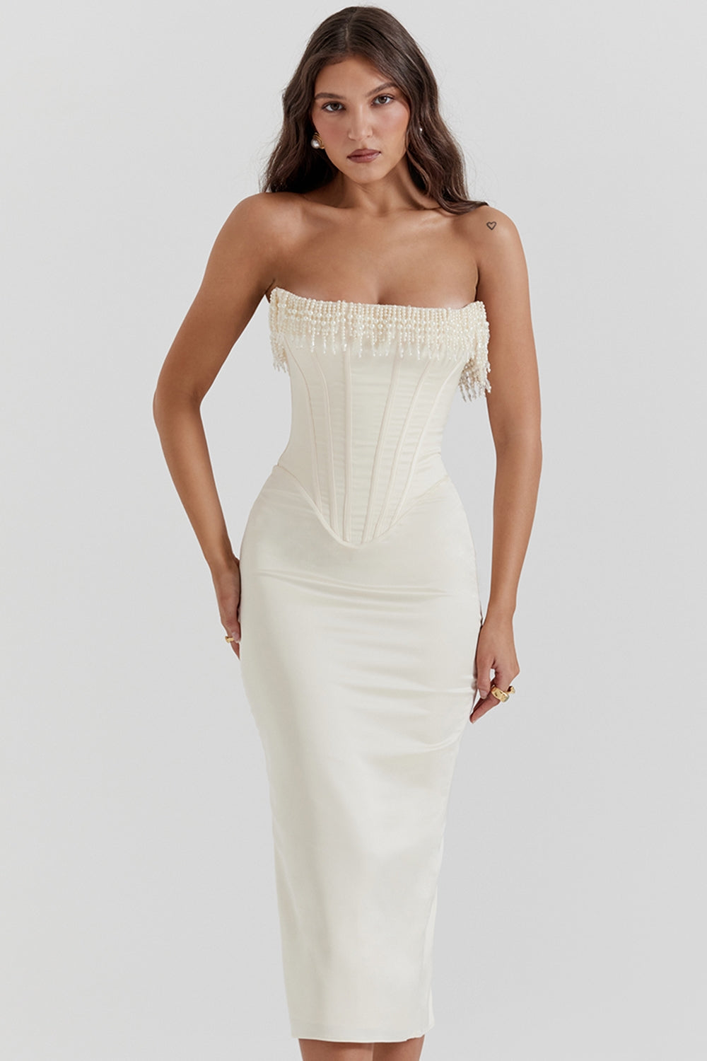 vintage cream embellished strapless dress