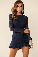 Tilly Lace Overlay Ruffle Trimmed Back Dress Navy